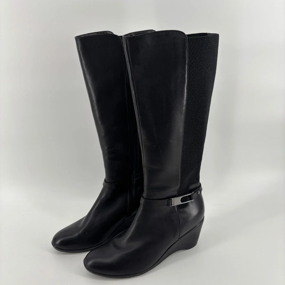 Blondo Womens Knee High Wedge Boots 11M Black Leather Waterproof Rainy Day Chic